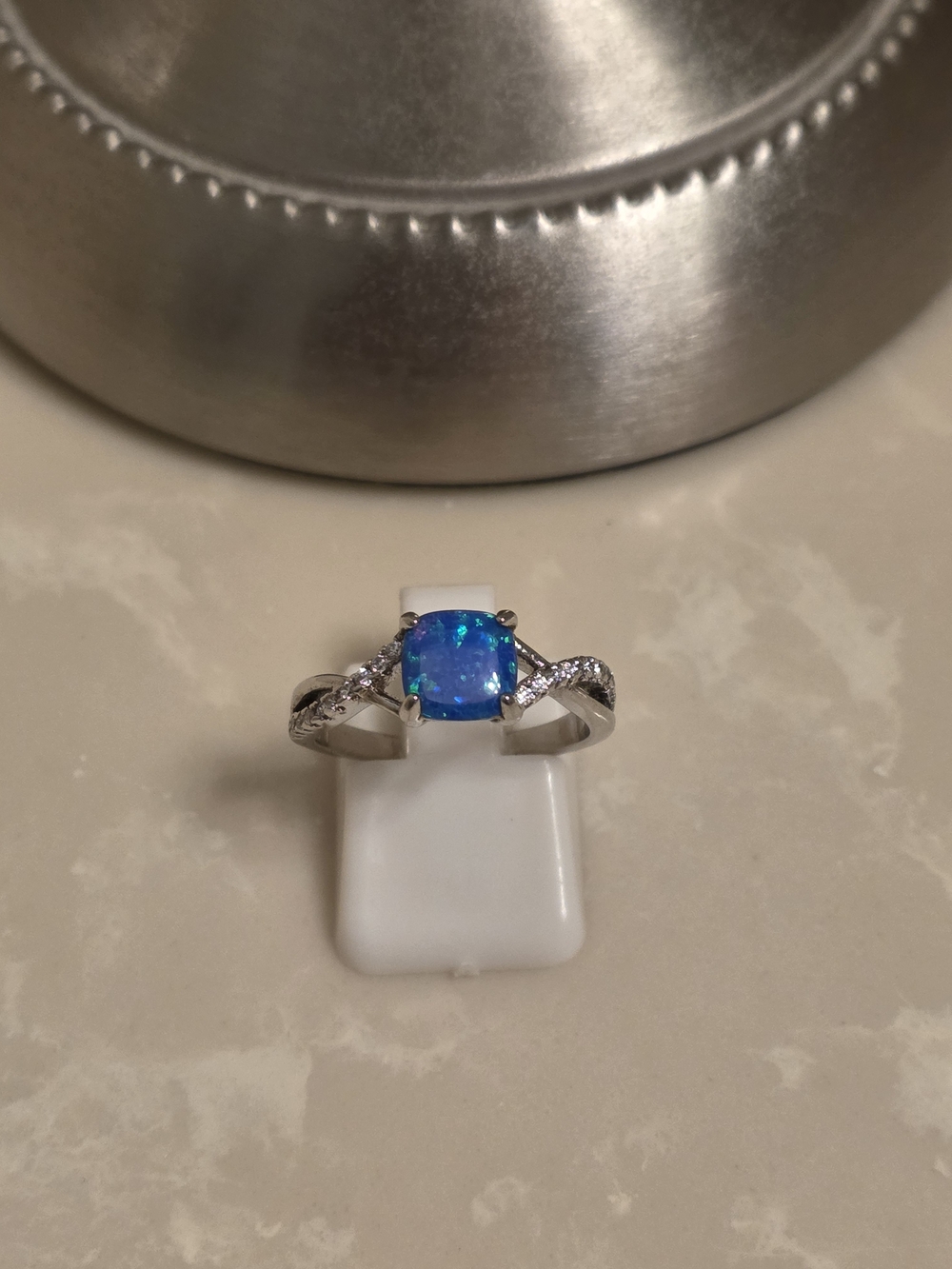 Silver CZ and Blue Fire Opal Ring Size 7